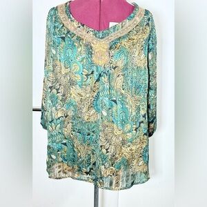 Sara Michelle Teal and Gold Floral Blouse